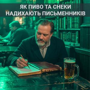 Фото з посиланням на статтю як пиво та снеки надихають письменників