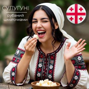 Фото з посиланням на статтю про сулугуні рубаний шматочками